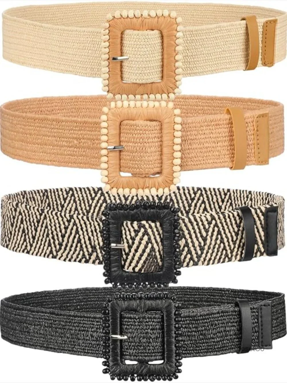 4 Pcs Elastic Raffia Woven Belt Set, Boho Rattan Buckle Stretch Straw Wide